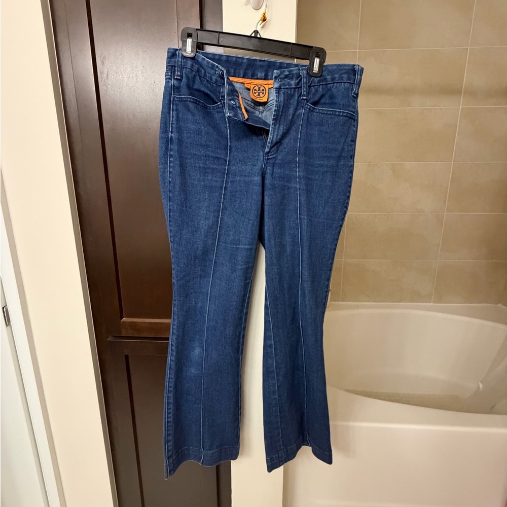 Tory Burch Dark Blue Flared Jeans with Orange Logo Waistband